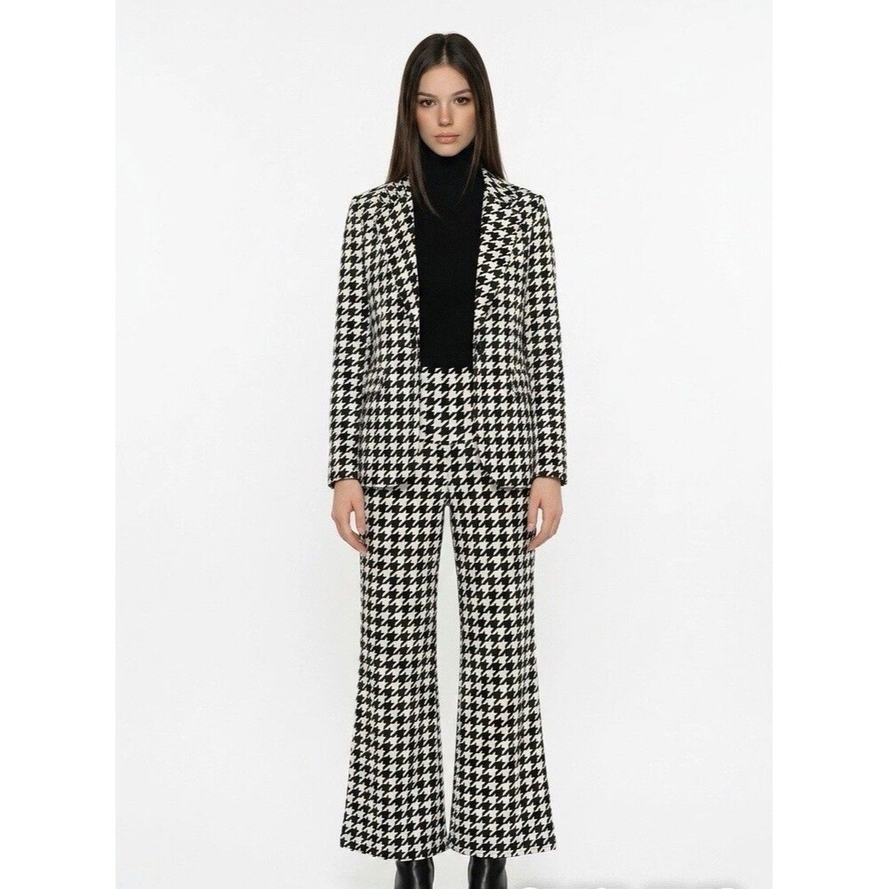 Chicme XL Houndstooth Flare Pants High Waist Stretch Black White Retro - Picture 4 of 16